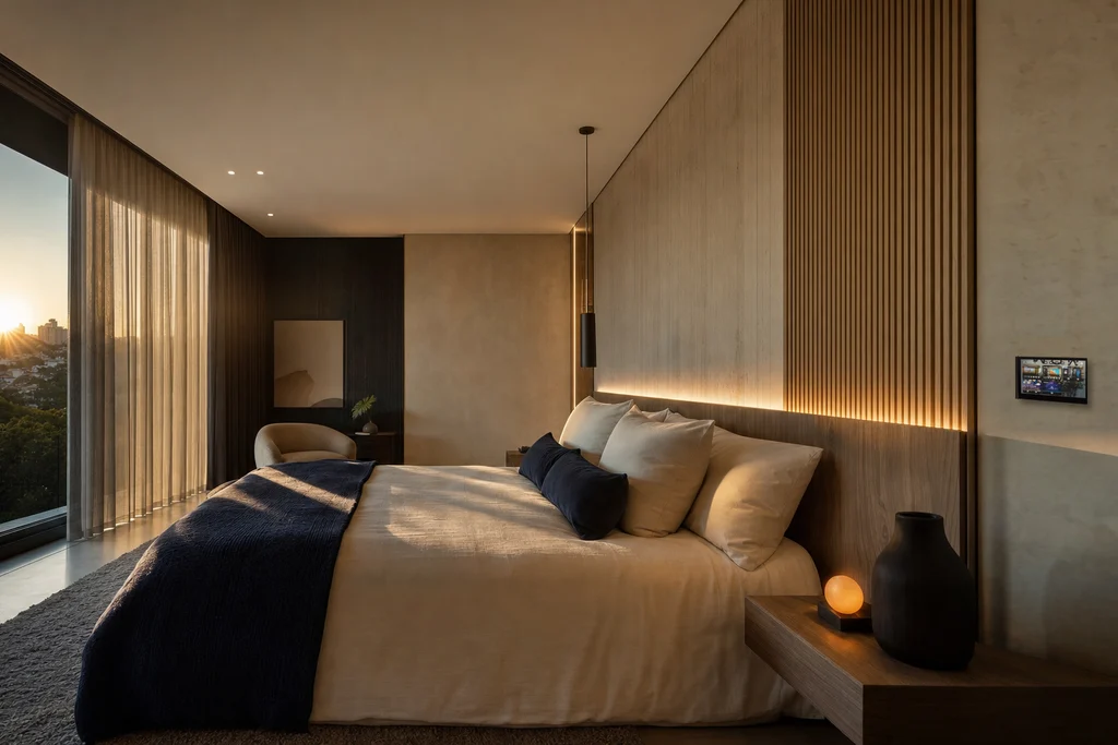 Suíte ao amanhecer com cortinas abrindo