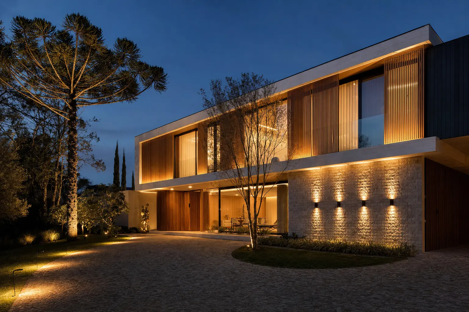 Fachada da casa ao anoitecer com o caminho do jardim iluminado